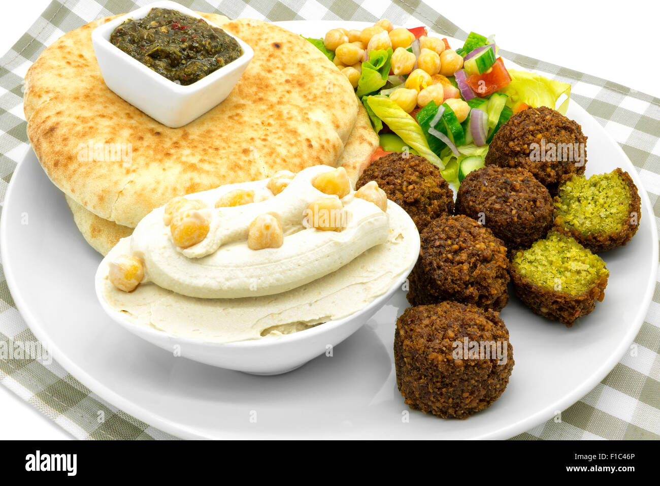 Middle Eastern food - falafel, hummus, pita Stock Photo