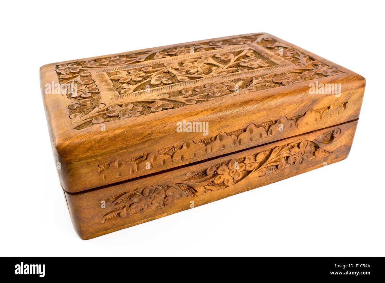 Wooden carved casket from India isolated on white Stock Photo