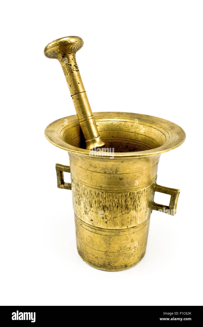 Old brass mortar with pestle isolated on white Stock Photo Alamy