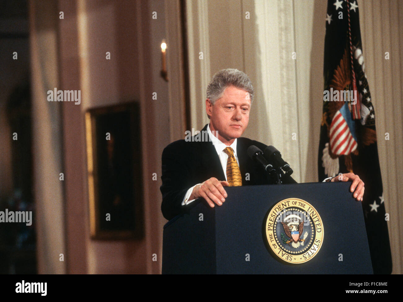 President Clinton during his first solo news conference in almost a year, in the East Room of the White House March 19, 1999 in Washington, DC. Clinton covered a wide variety of topics from Kosovo to his wife's rumored run for the Senate. Stock Photo