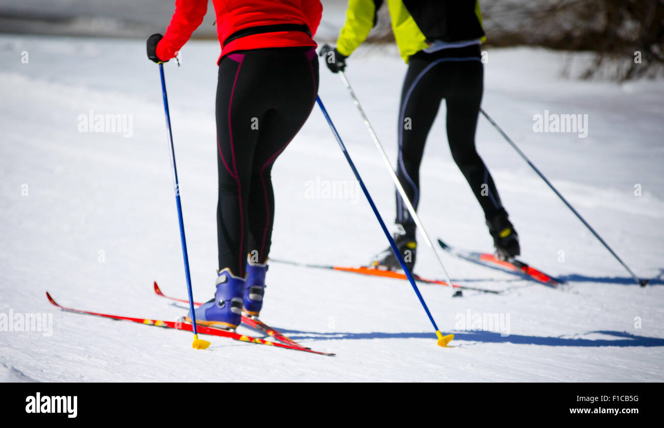 Couple Cross Country Skiing in Engadin, Switzerland Stock Photo