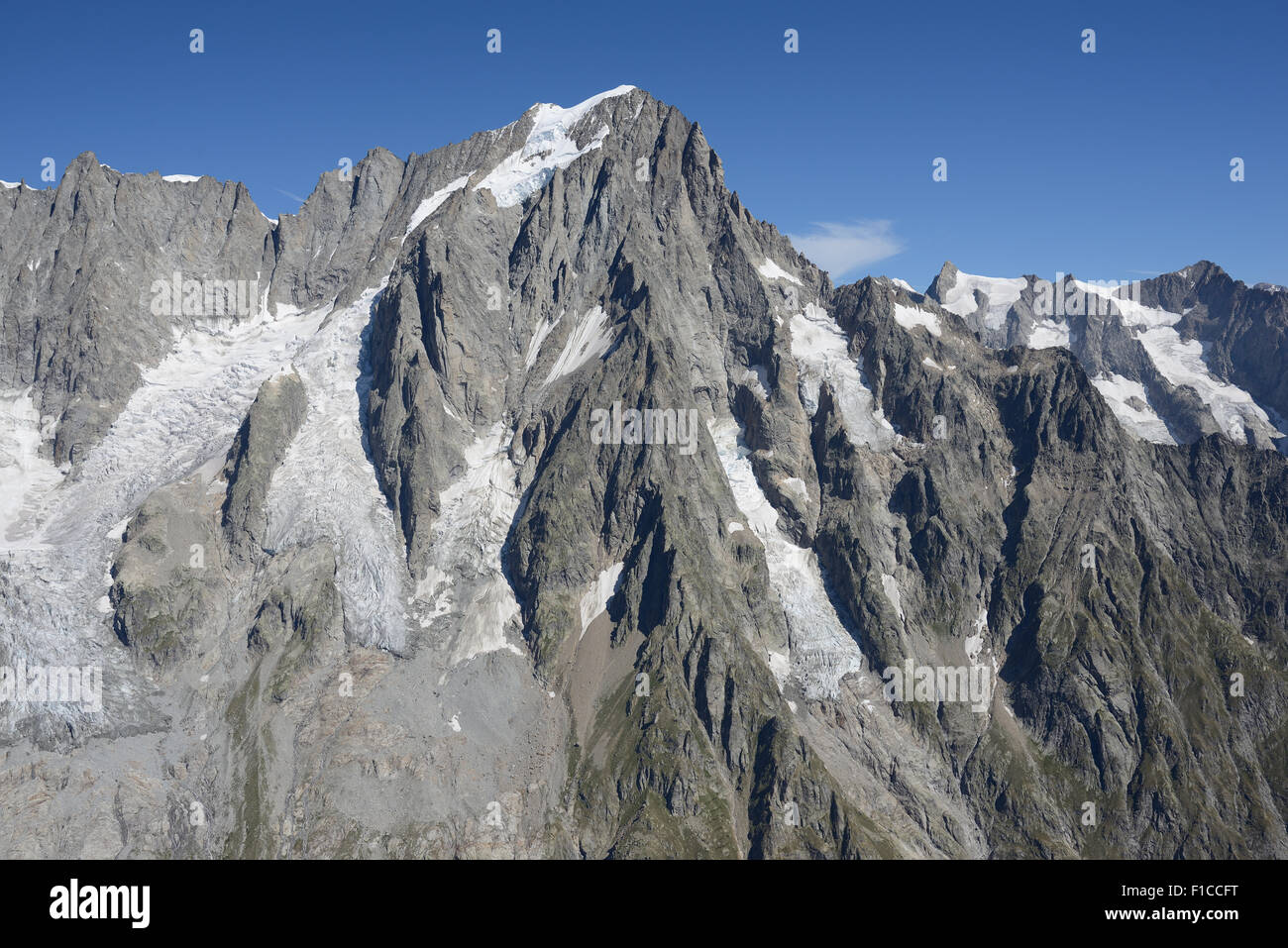 AERIAL VIEW. The Grandes Jorasses viewed from the east (elevation: 4208 meters at Pointe Walker). Val Ferret, Courmayeur, Aosta Valley, Italy. Stock Photo