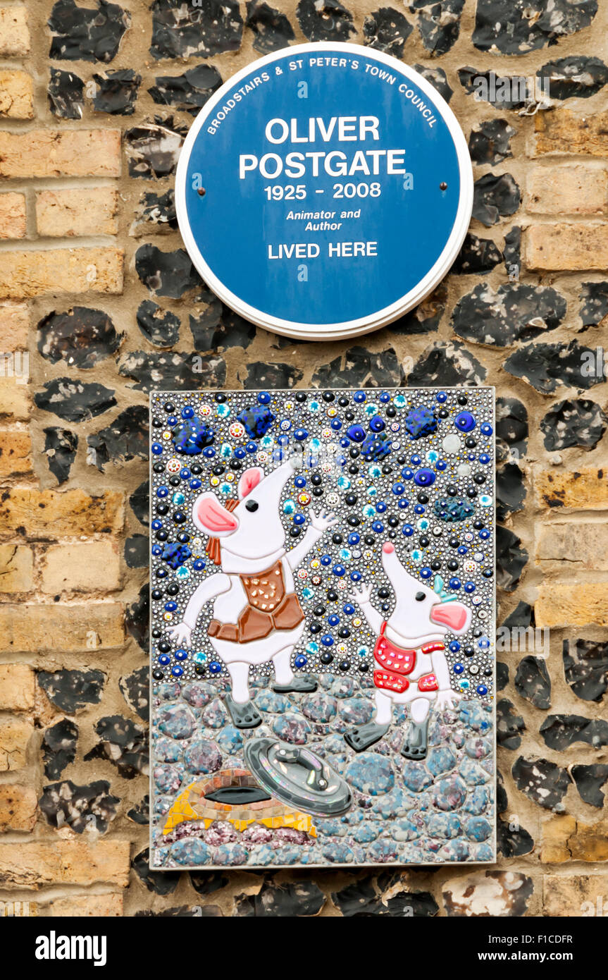 Blue plaque in Broadstairs commemorates the animator and children's author Oliver Postgate. Stock Photo
