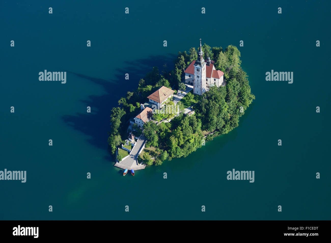 AERIAL VIEW. Bled Island on Lake Bled. Bled, Upper Carniola, Slovenia. Stock Photo