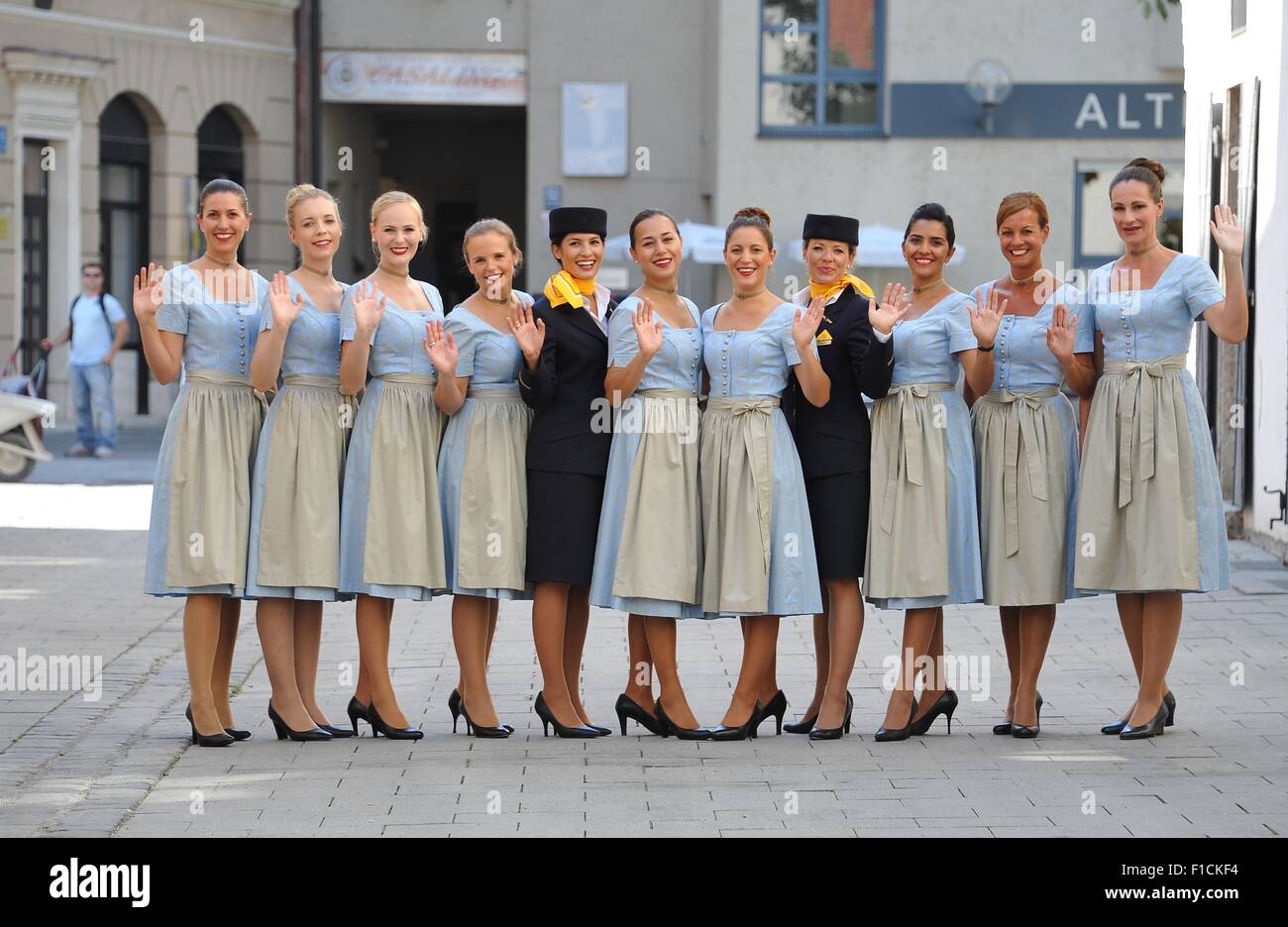 Munich, Germany. 1st Sep, 2015. Lufthansa stewardesses in traditional dress, which they will be wearing on selected routes and airports during the Oktoberfest, in Munich, Germany, 1 September 2015. To celebrate its 60th birthday, Lufthansa is having its traditional uniforms from the 1950s recreated by Trachten Angermaier. Credit:  dpa picture alliance/Alamy Live News Stock Photo