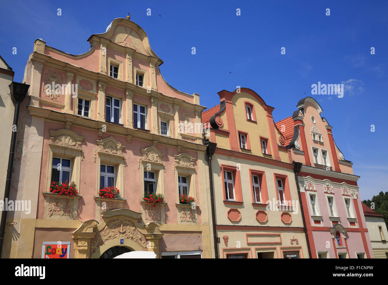 Houses at market square (Rynek),  Ladek Zdroj (Bad Landeck), Haeuser am Marktplatz (Rynek),  Lower Silesia, Poland, Europe Stock Photo