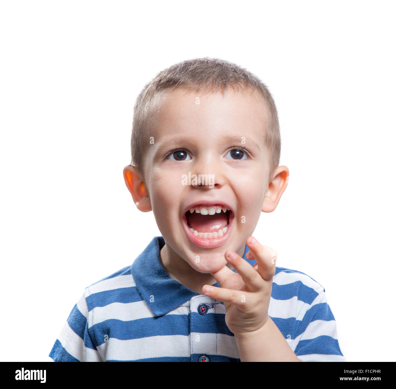 Portrait of screaming beautiful little boy isolated on white background Stock Photo