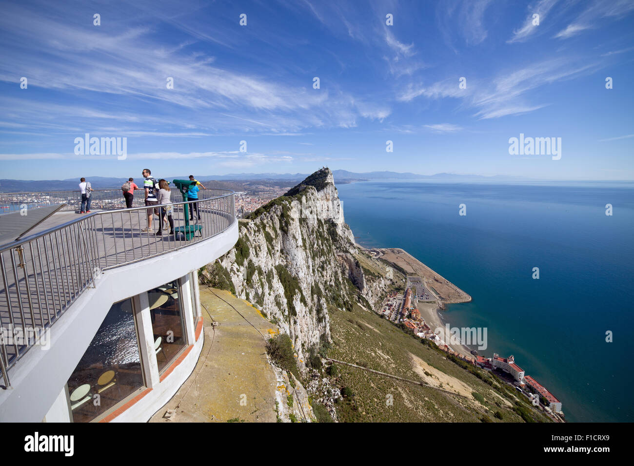 Viewpoint on top of Gibraltar rock with restaurant below, Mediterranean Sea on the right. Stock Photo