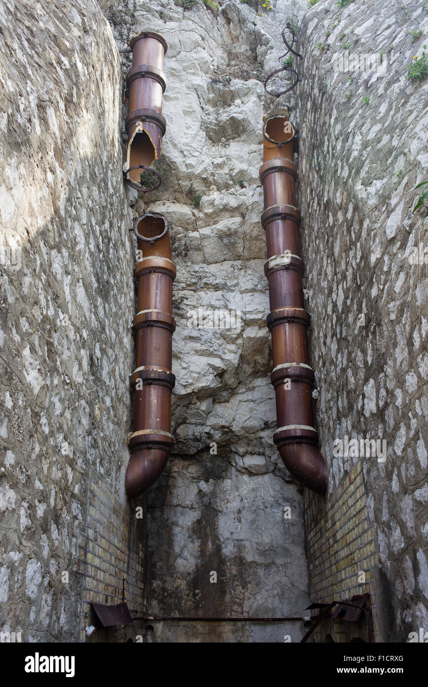 Ceramic Ventilation Pipes from Cookhouse at Hayne's Cave Battery in Gibraltar Stock Photo