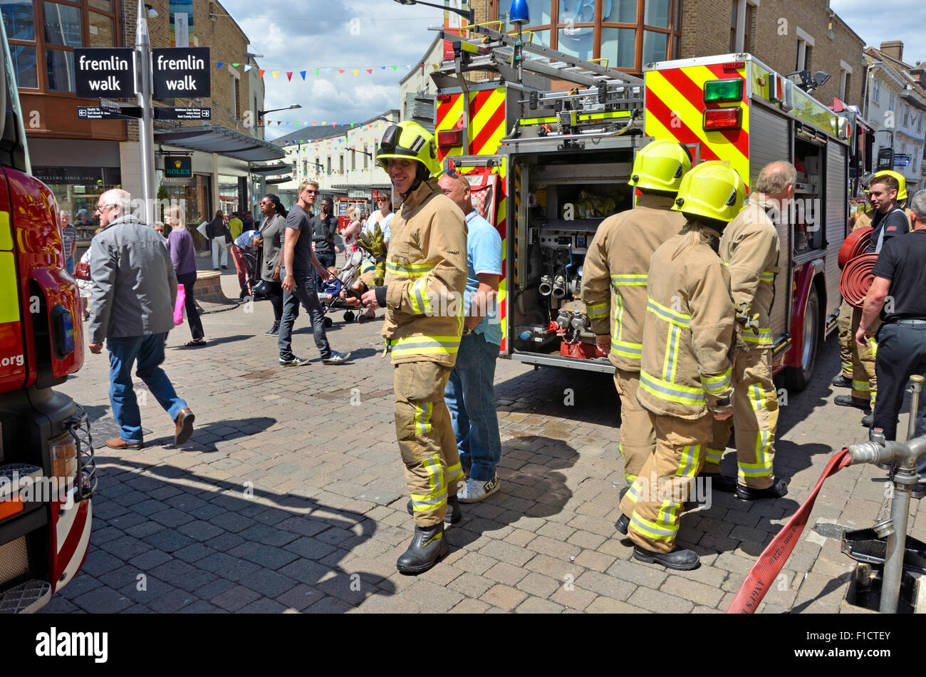 Maidstone, Kent, England, UK. Fire crew in the town centre attending a