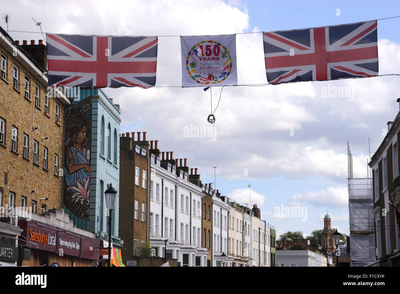 Banner celebrating 150 years Portobello Market London Stock Photo Alamy