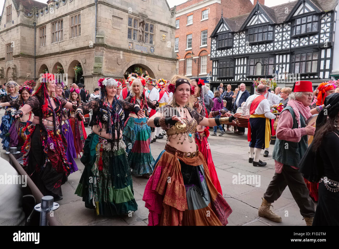 Belly dancers from Severn Sisters Tribal perform in the Square during Shrewsbury Folk Festival, Shropshire, England. Stock Photo