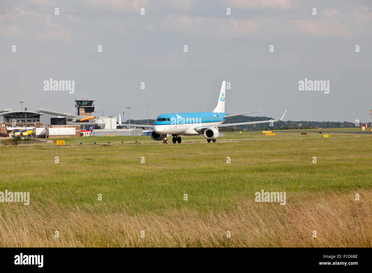 KLM plane at Leeds Bradford Airport. - Embraer Stock Photo