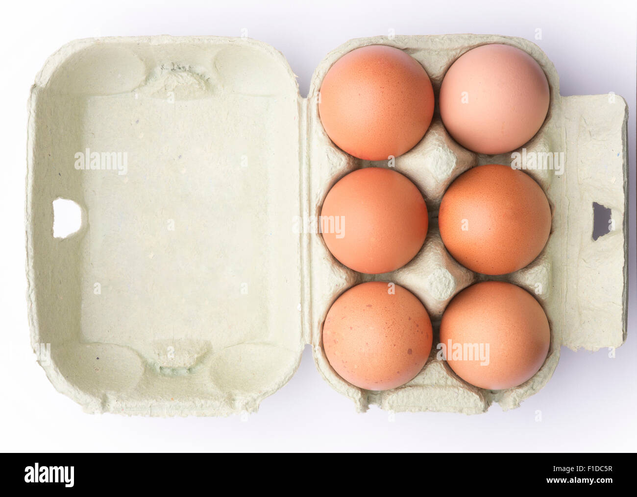 Six brown eggs in a carton isolated on a white background. Stock Photo