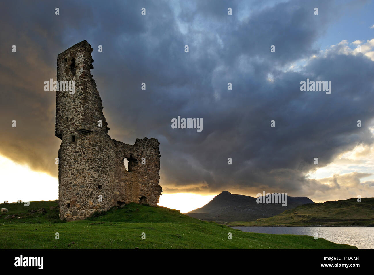 The 16th century Ardvreck Castle ruins at Loch Assynt in the Highlands at sunset, Sutherland, Scotland, UK Stock Photo