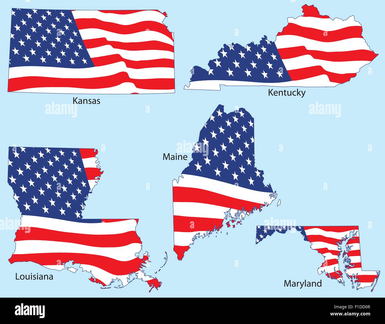 Kansas, Kentucky, Louisiana, Maine and Maryland outlines with flags, each individually grouped Stock Vector