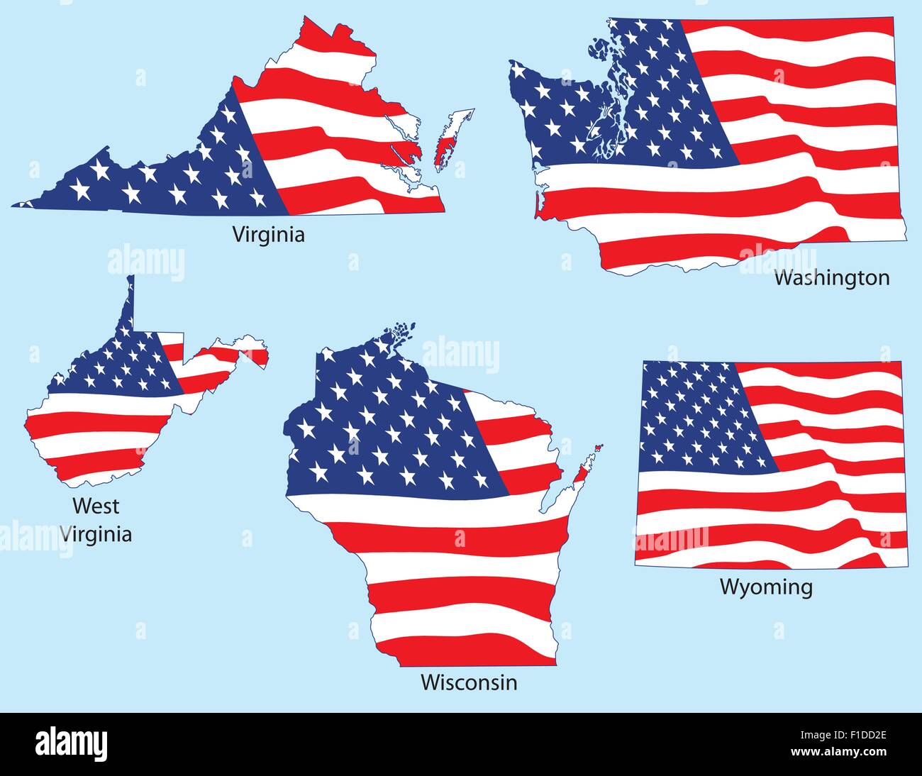 Virginia, Washington, West Virginia, Wisconsin, Wyoming outlines with flags, each individually grouped Stock Vector