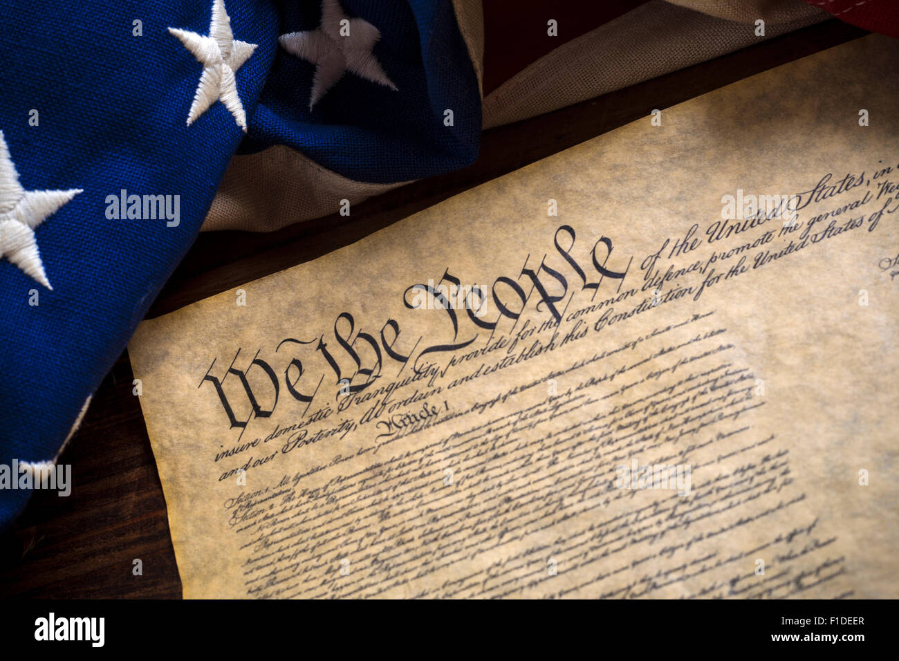 The constitution of the United States of American with a vintage flag Stock Photo