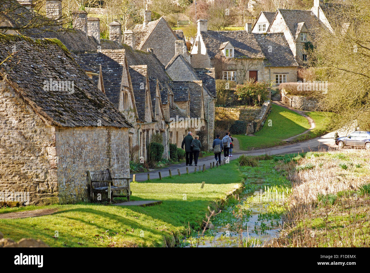 Arlington row charming thatched roof cottages covered in green moss