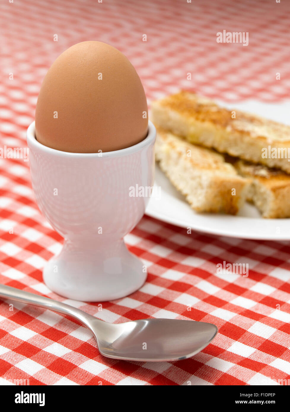Boiled Egg on Gingham tablecloth Stock Photo