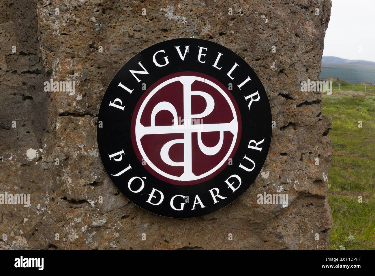 A bilingual welcome sign with the logo for Pingvellir National Park, southern Iceland Stock Photo