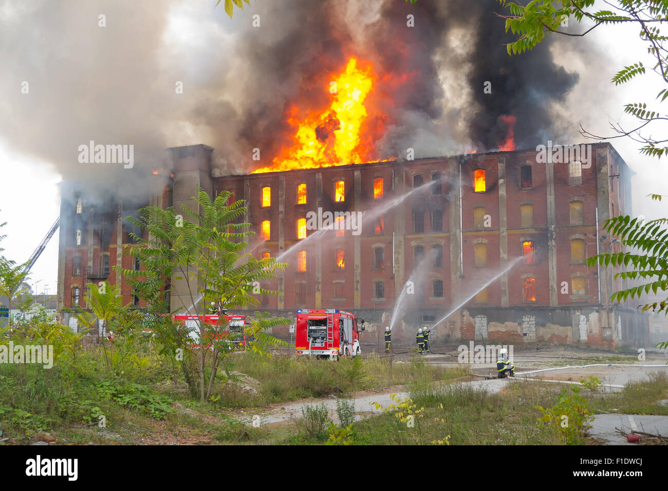 Firemen fight large-scale fire of historic industrial building Rakusev Mlin on October 6, 2014 in Celje, Slovenia Stock Photo