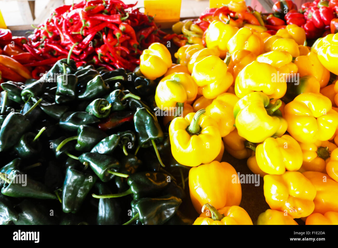 Variety of sweet and hot peppers at a farm stand Stock Photo