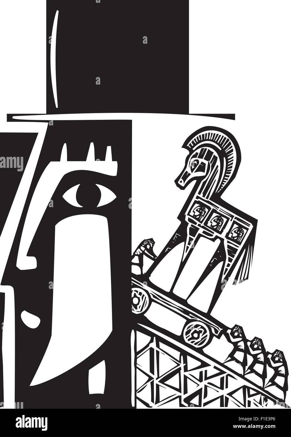 Woodcut style image of a Trojan Horse being loaded into a man's head Stock Vector