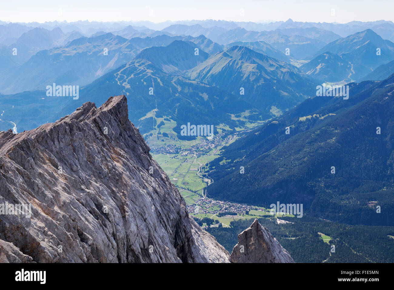 View to Ehrwald Austria from the mountain Zugspitze in the summer Stock Photo