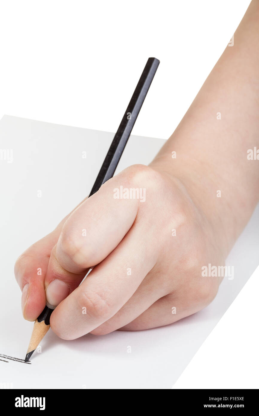 hand paints by black pencil on sheet of paper isolated on white ...