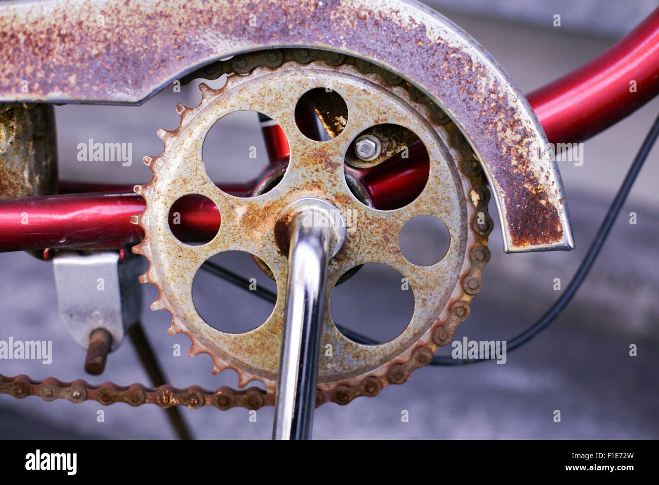 Rusty bicycle crank shaft and chain Stock Photo