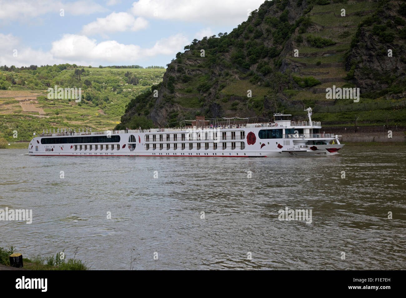Large river cruising boat on Mosel River Germany Stock Photo