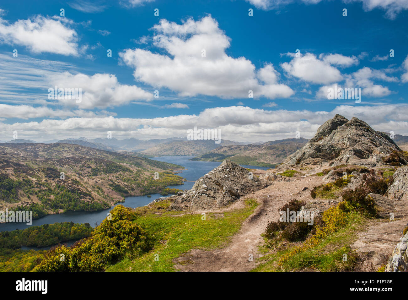 Looking down on Loch Katrine from the summit of Ben A'an in the Trossachs National Park in the Highlands of Scotland Stock Photo