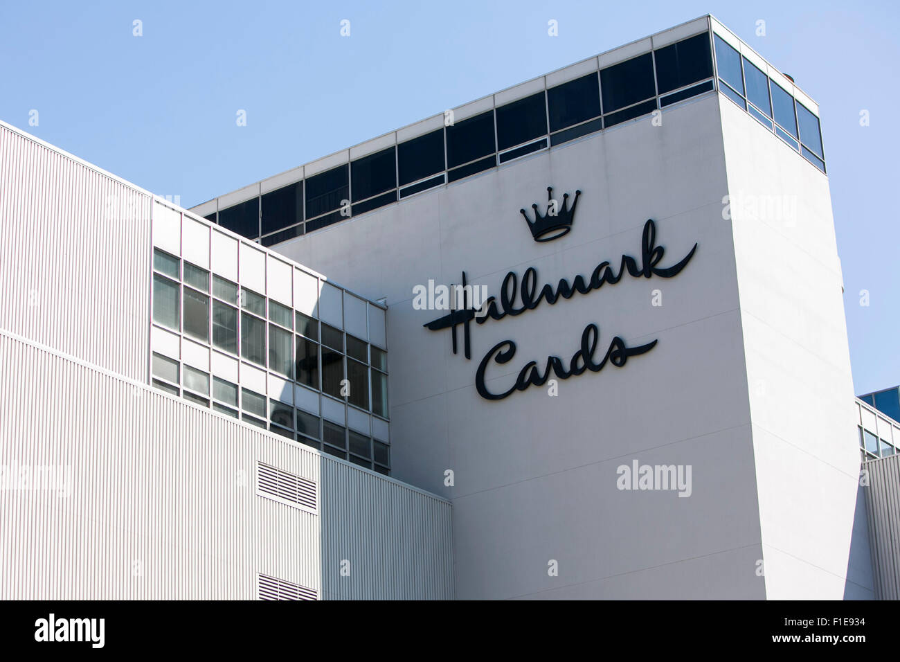 A logo sign outside of the headquarters of Hallmark Cards in Kansas City, Missouri, on August 23, 2015. Stock Photo