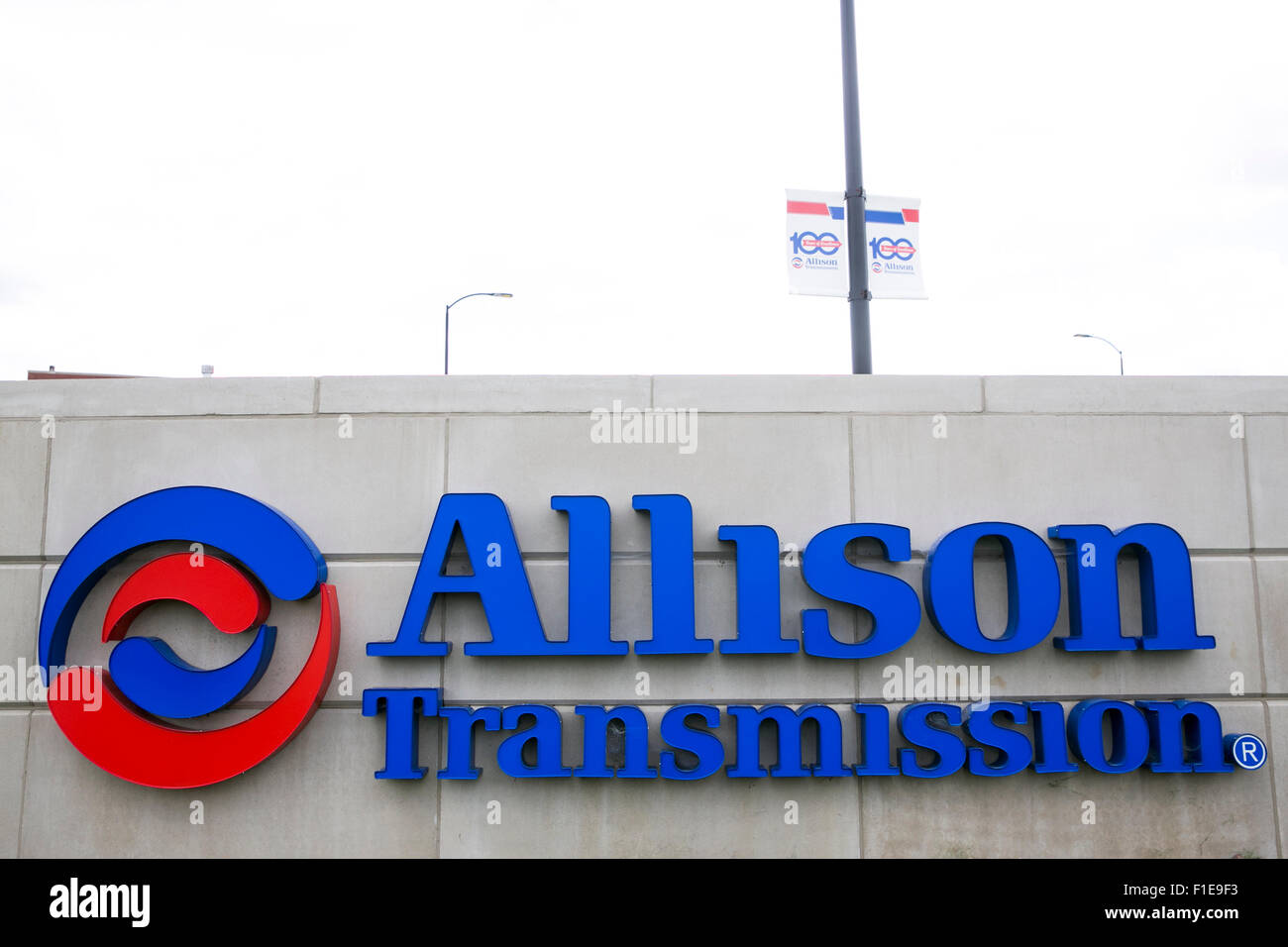 A logo sign outside of the headquarters of Allison Transmission in Indianapolis, Indiana on August 25, 2015. Stock Photo