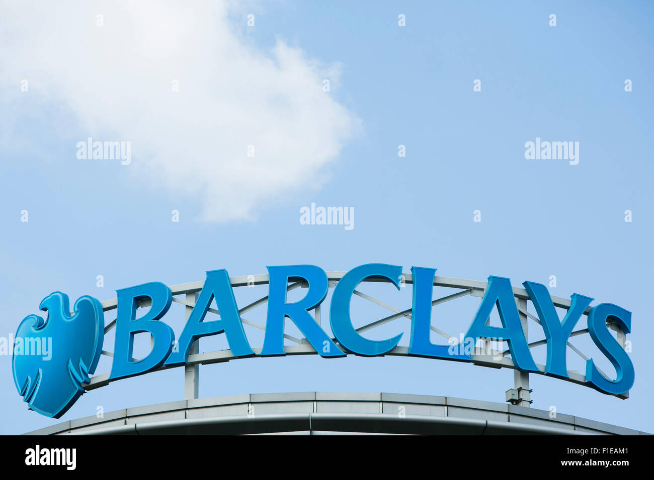 A logo sign outside of a facility occupied by Barclays PLC in Wilmington, Delaware on August 29, 2015. Stock Photo