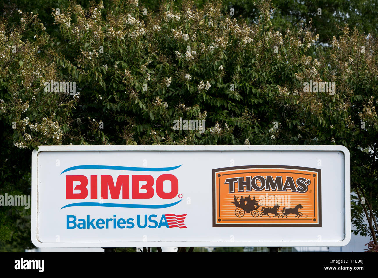 A logo sign outside of a Thomas' English Muffins bakery owned by Bimbo