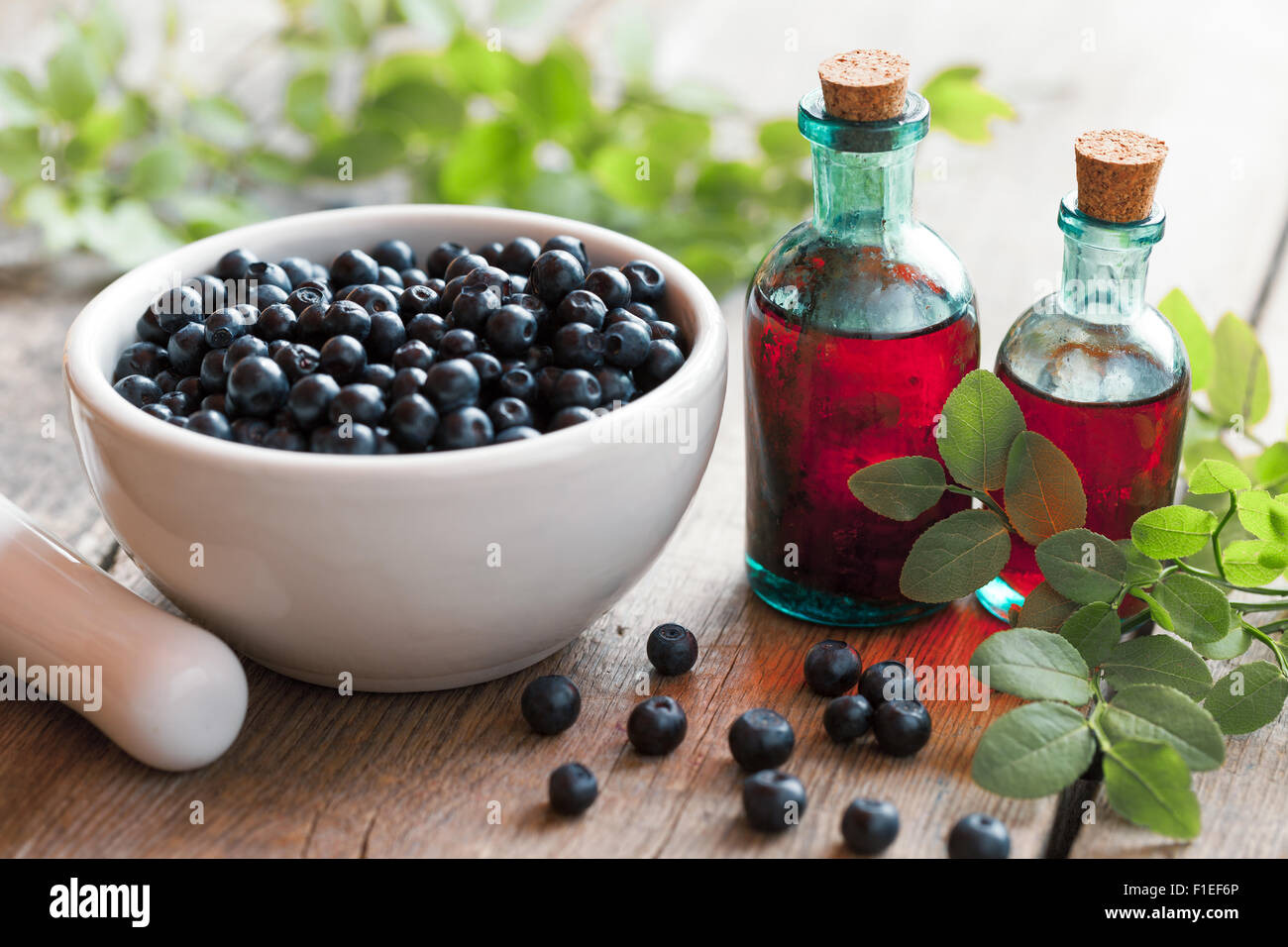 Mortar with blueberries and small bottles of tincture or cosmetic product. Selective focus. Stock Photo