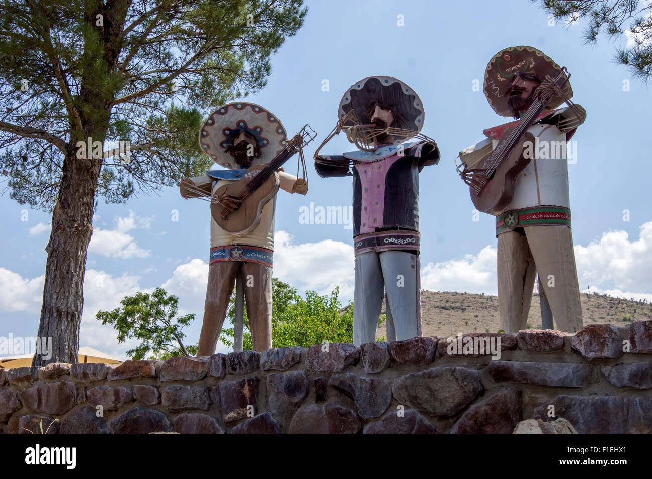 Metal sculptures of traditional Mexican mariachis in Baines Park, a