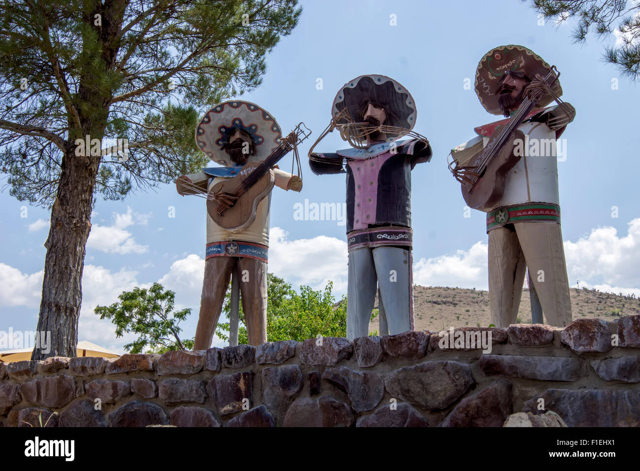 Metal sculptures of traditional Mexican mariachis in Baines Park, a small public park in Alpine, west Texas. Stock Photo
