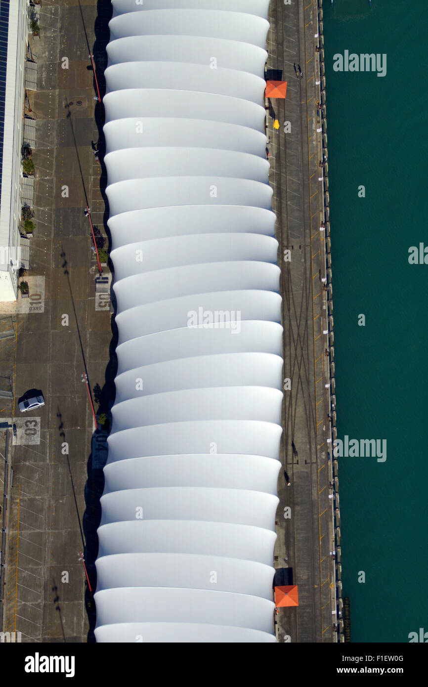 'The Cloud' events venue, Queen's Wharf, waterfront, Auckland, North Island, New Zealand - aerial Stock Photo