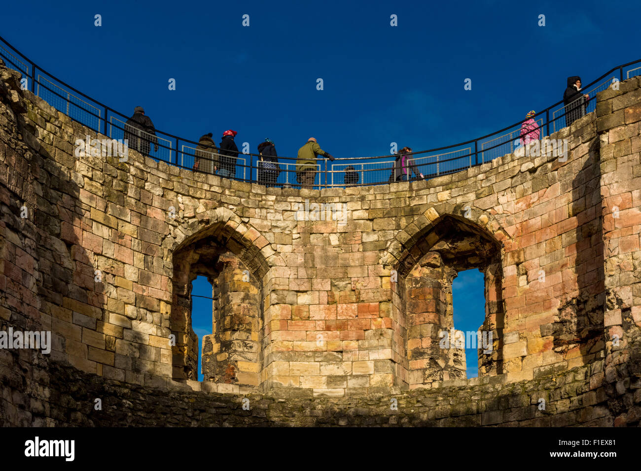 Tourist at the top of Cliffords tower, York, UK. Stock Photo