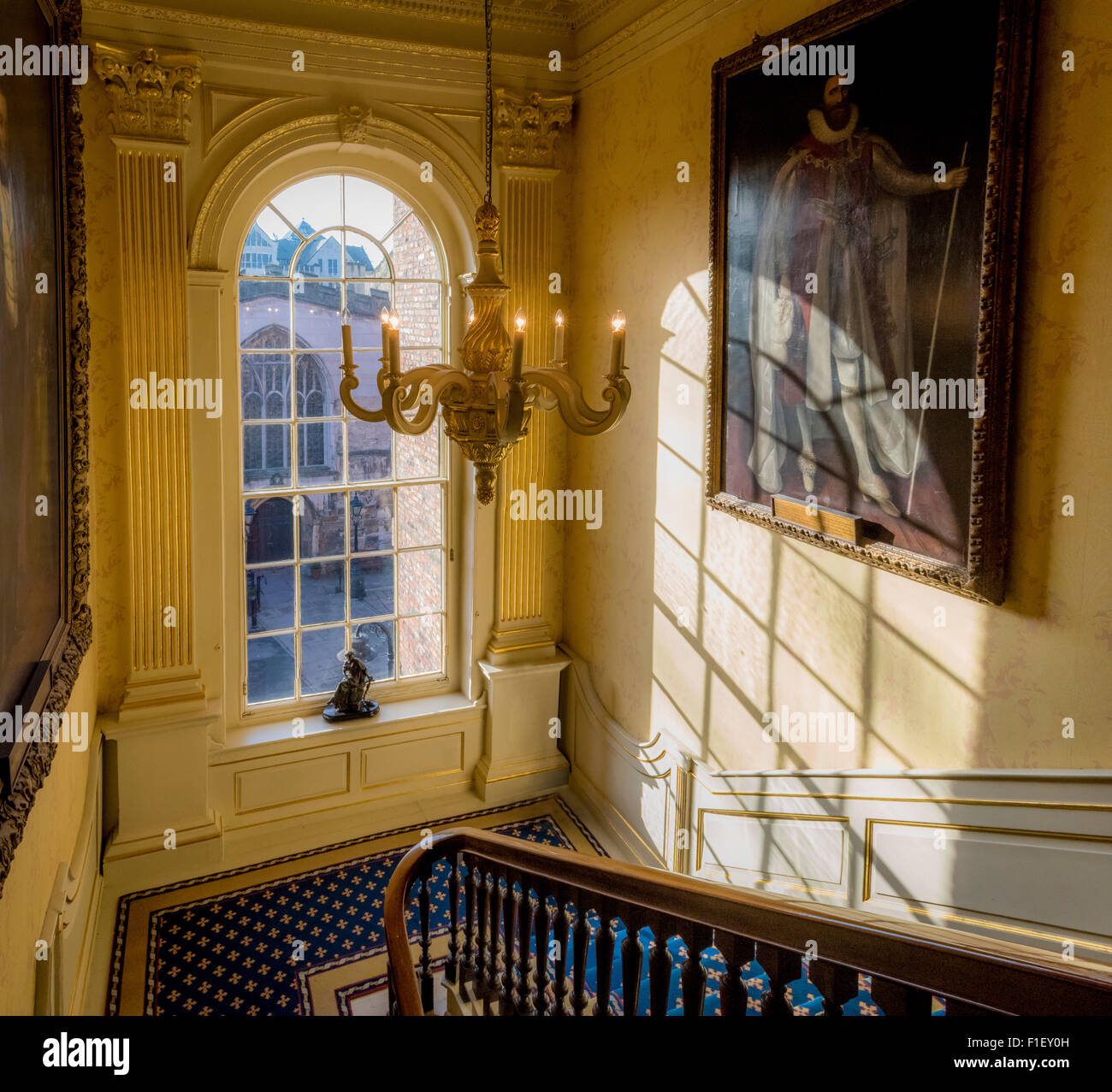 Staircase and window, Mansion House, York.  Lord Mayor's residence. Stock Photo