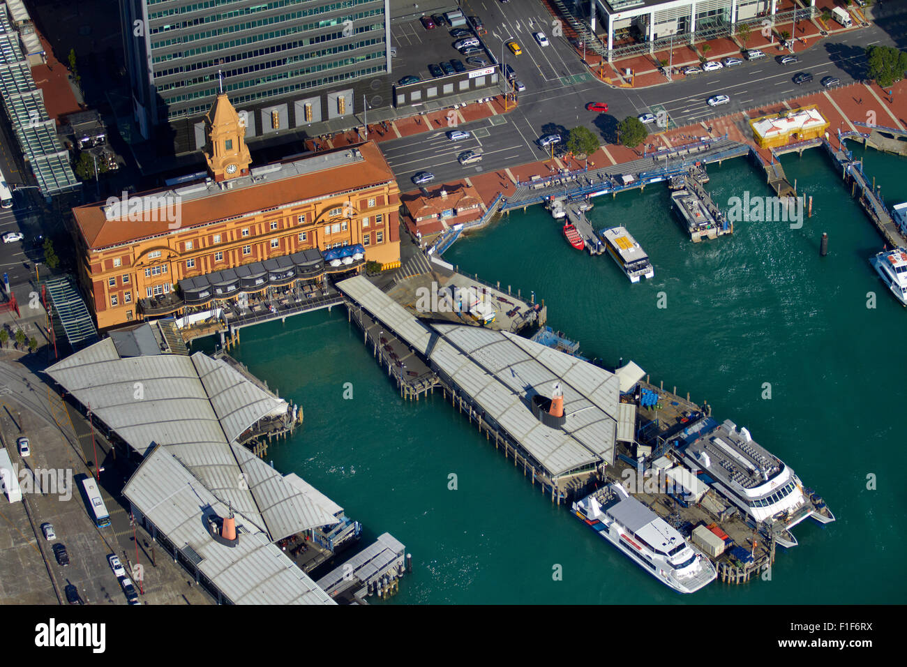 Ferry terminal and waterfront, Auckland, North Island, New Zealand - aerial Stock Photo