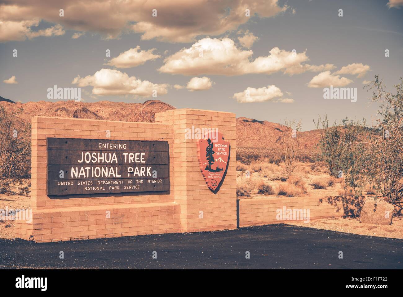 Joshua Tree Park Entrance Sign. South Entrance to the Park. Stock Photo
