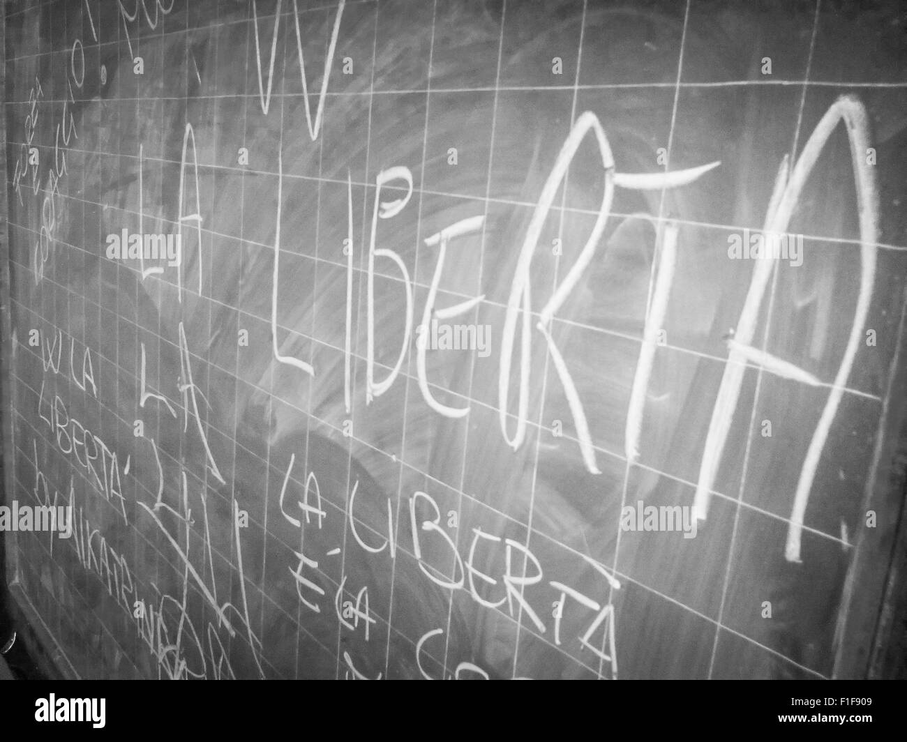 blackboard in old prison: Long life freedom - Viva la Libertà Stock Photo