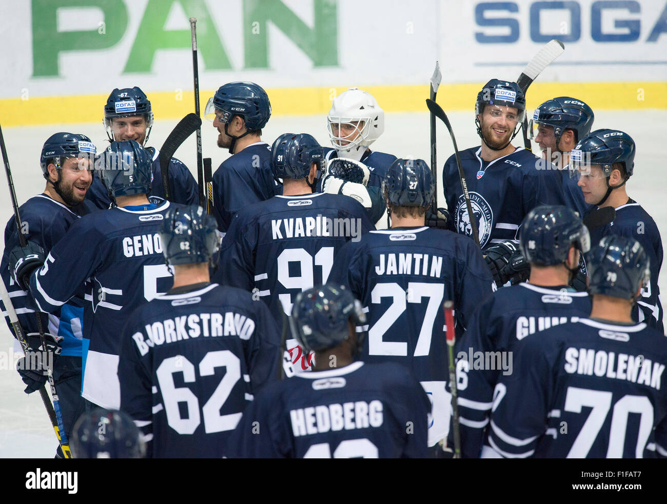 Zagreb, Croatia. 1st Sep, 2015. Players of Medvescak Zagreb celebrate