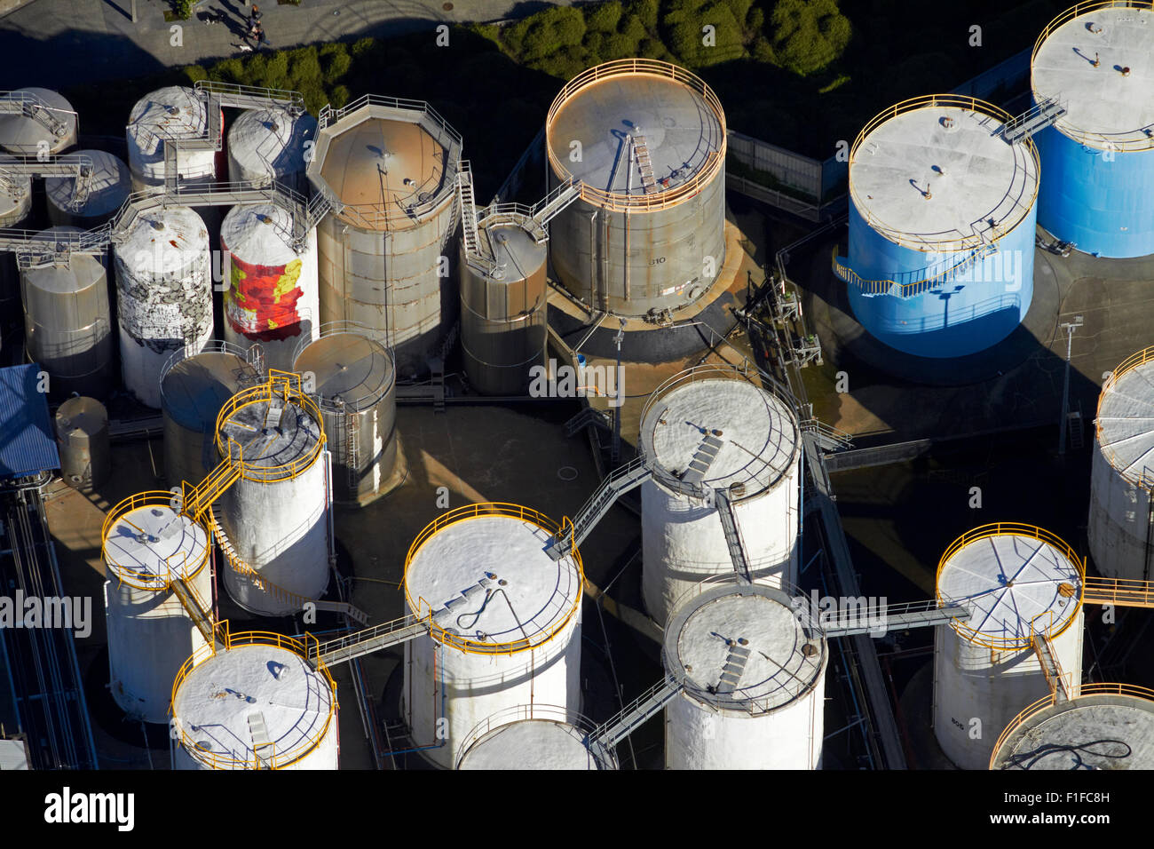 Tank Farm, Wynyard Quarter, Auckland waterfront, Auckland, North Island, New Zealand - aerial Stock Photo