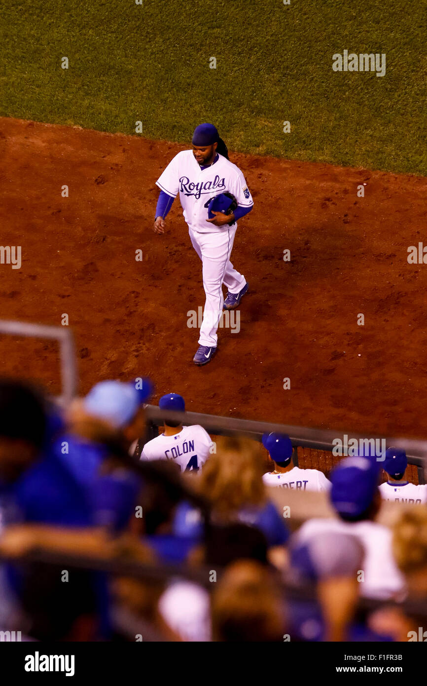 Kansas City, MO, USA. 01st Sep, 2015. Johnny Cueto #47 of the Kansas City Royals walks off the field in the fifth inning during the MLB game between the Detroit Tigers and the Kansas City Royals at Kauffman Stadium in Kansas City, MO. Kyle Rivas/CSM/Alamy Live News Stock Photo
