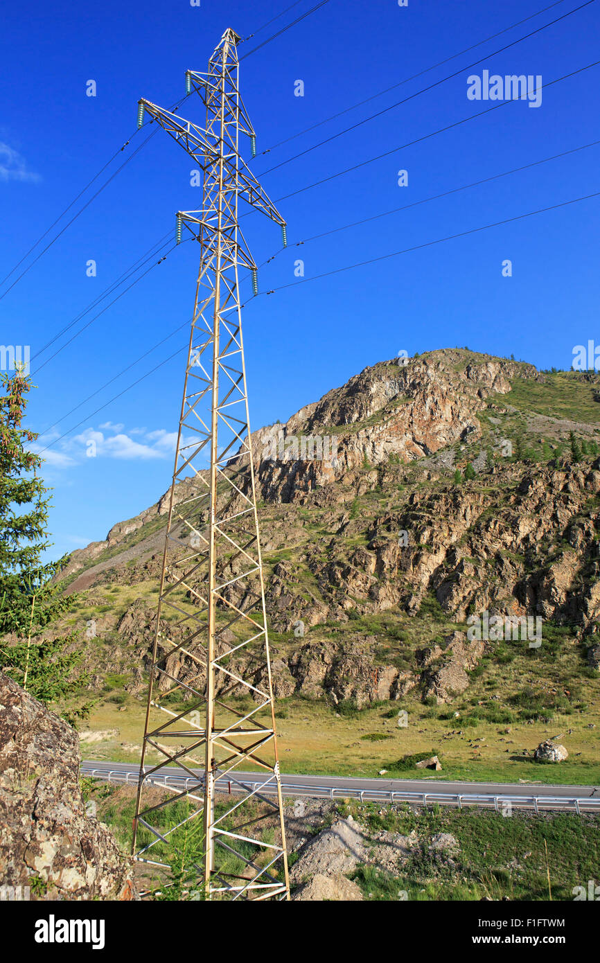 High voltage power lines in Altai Mountains near Chuysky Trakt Stock ...
